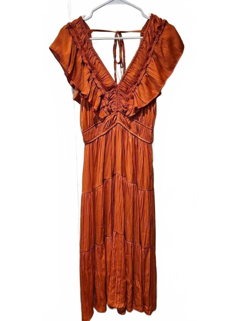 Tahari Orange Ruffle Ruched V-Neck Flutter Sleeve Midi Dress Size M